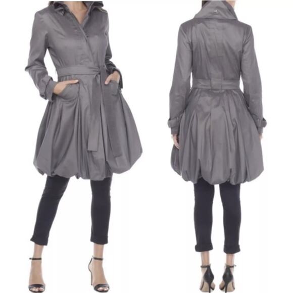 SAMUEL DONG Bubble Hem Trench Coat Dress SZ L Silver Gray Belted Party Event NWT - Picture 1 of 9